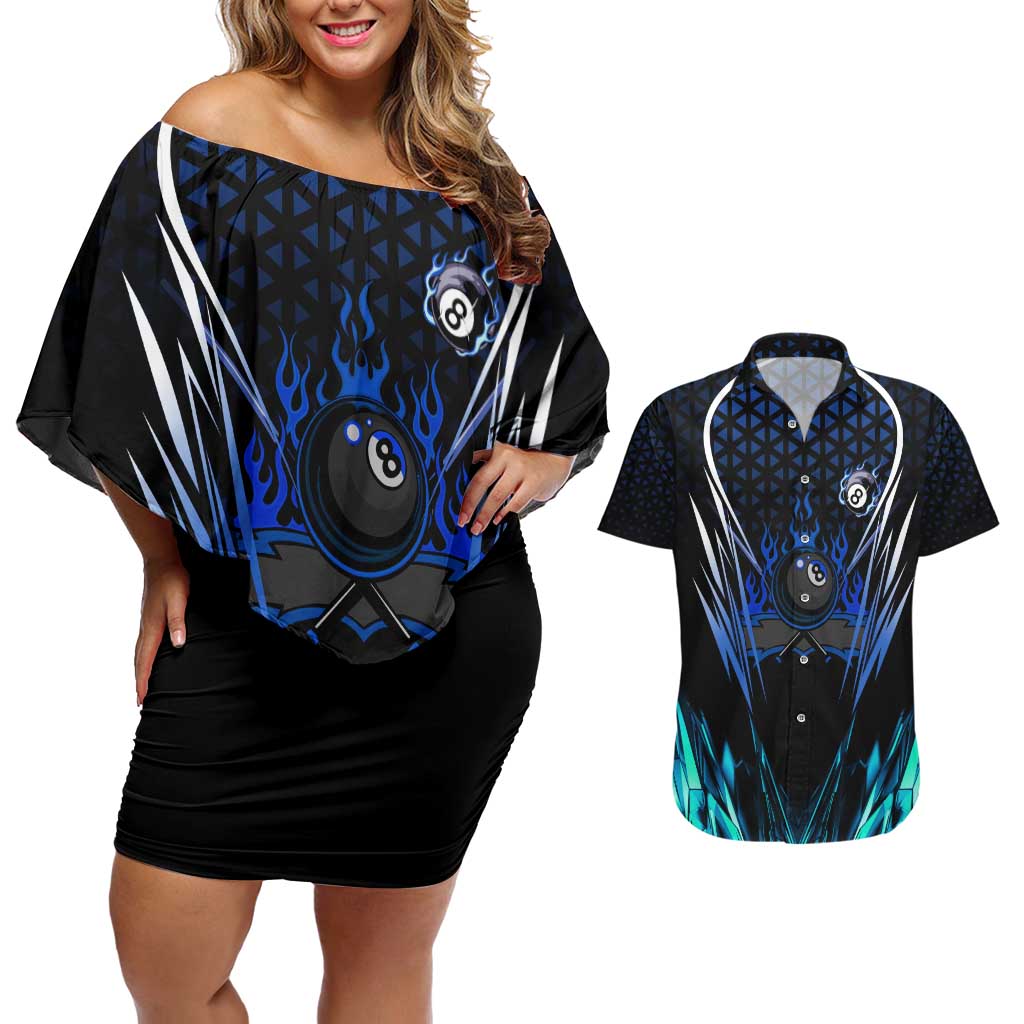 Billiards Design Couples Matching Off Shoulder Short Dress and Hawaiian Shirt with Blue Flame Eight Ball and Lightning Pattern in Black Cyan Gradient Background - Wonder Print Shop