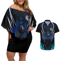 Billiards Design Couples Matching Off Shoulder Short Dress and Hawaiian Shirt with Blue Flame Eight Ball and Lightning Pattern in Black Cyan Gradient Background - Wonder Print Shop