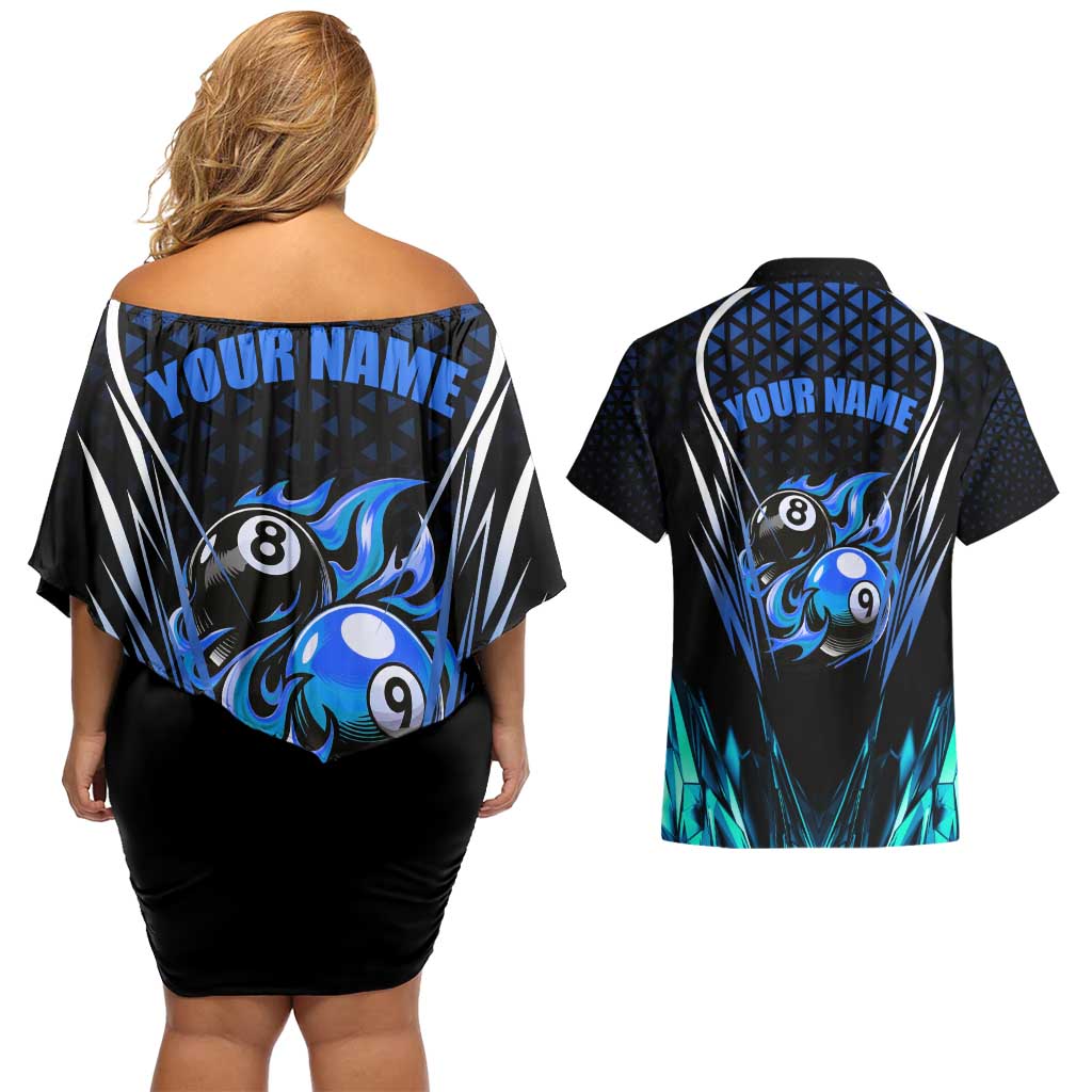 Billiards Design Couples Matching Off Shoulder Short Dress and Hawaiian Shirt with Blue Flame Eight Ball and Lightning Pattern in Black Cyan Gradient Background - Wonder Print Shop