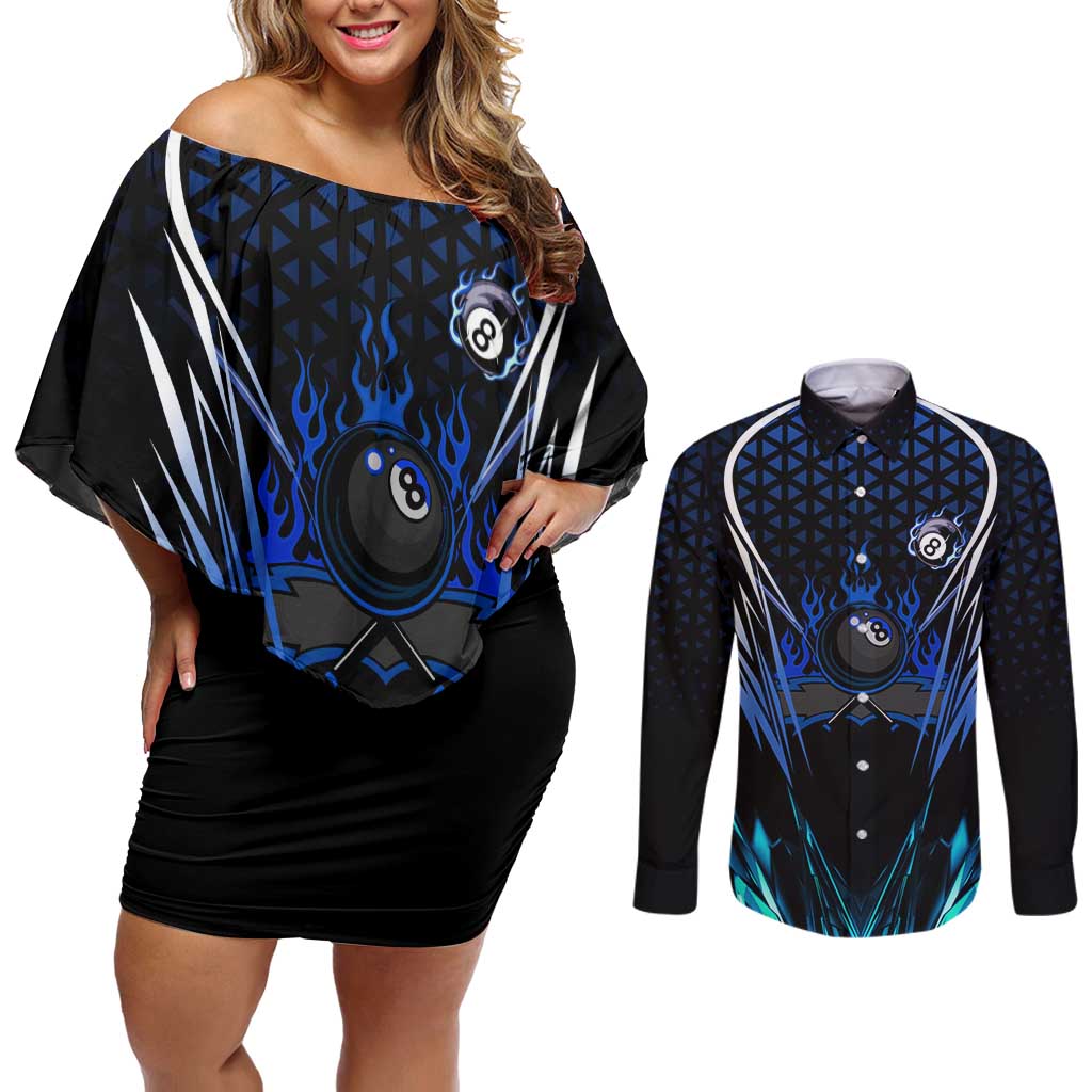 Billiards Design Couples Matching Off Shoulder Short Dress and Long Sleeve Button Shirt with Blue Flame Eight Ball and Lightning Pattern in Black Cyan Gradient Background - Wonder Print Shop