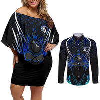 Billiards Design Couples Matching Off Shoulder Short Dress and Long Sleeve Button Shirt with Blue Flame Eight Ball and Lightning Pattern in Black Cyan Gradient Background - Wonder Print Shop