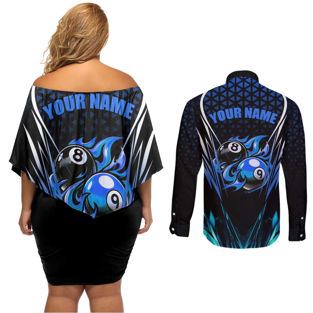Billiards Design Couples Matching Off Shoulder Short Dress and Long Sleeve Button Shirt with Blue Flame Eight Ball and Lightning Pattern in Black Cyan Gradient Background - Wonder Print Shop