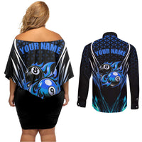 Billiards Design Couples Matching Off Shoulder Short Dress and Long Sleeve Button Shirt with Blue Flame Eight Ball and Lightning Pattern in Black Cyan Gradient Background - Wonder Print Shop