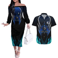 Billiards Design Couples Matching Off The Shoulder Long Sleeve Dress and Hawaiian Shirt with Blue Flame Eight Ball and Lightning Pattern in Black Cyan Gradient Background - Wonder Print Shop