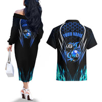 Billiards Design Couples Matching Off The Shoulder Long Sleeve Dress and Hawaiian Shirt with Blue Flame Eight Ball and Lightning Pattern in Black Cyan Gradient Background - Wonder Print Shop
