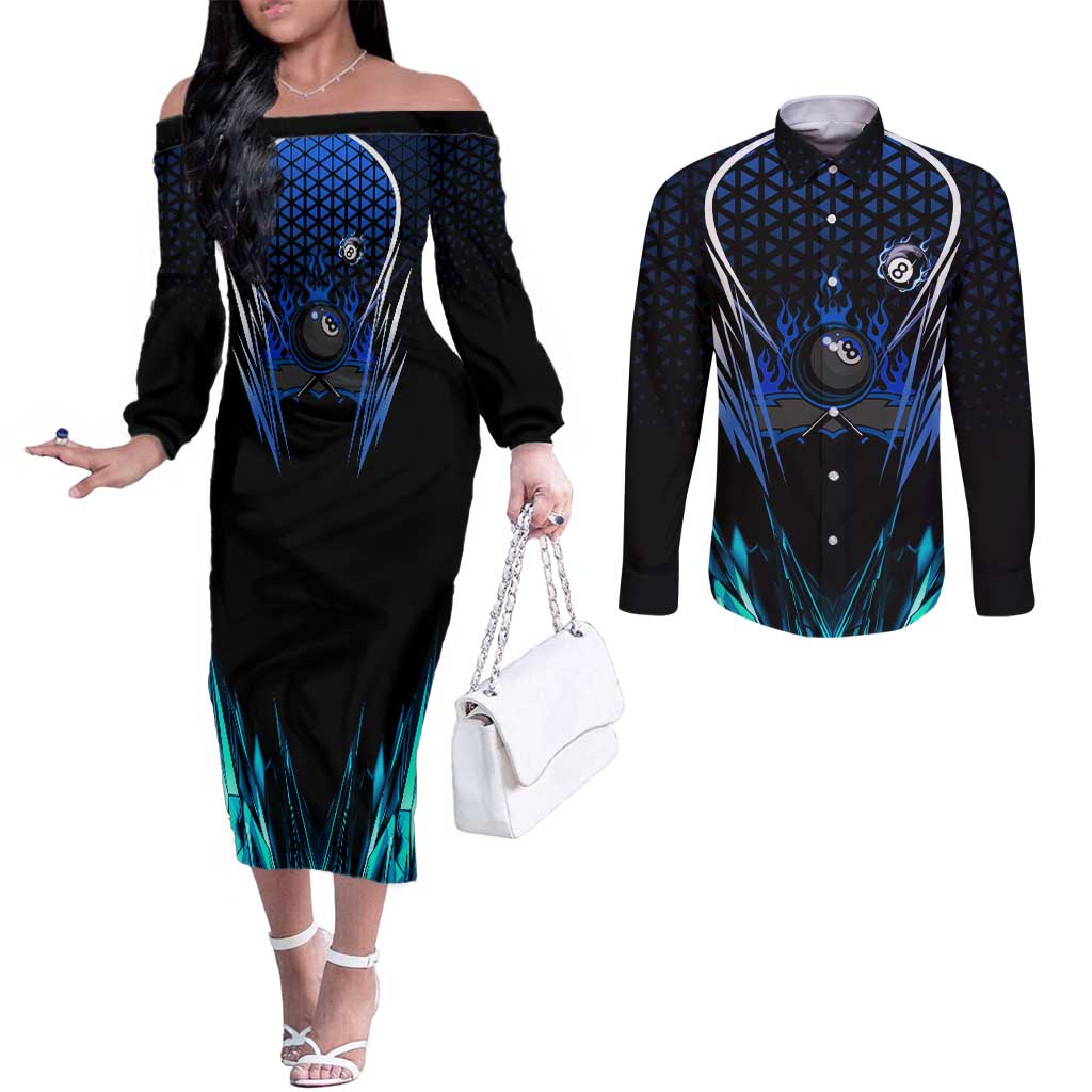 Billiards Design Couples Matching Off The Shoulder Long Sleeve Dress and Long Sleeve Button Shirt with Blue Flame Eight Ball and Lightning Pattern in Black Cyan Gradient Background - Wonder Print Shop