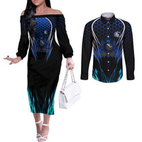 Billiards Design Couples Matching Off The Shoulder Long Sleeve Dress and Long Sleeve Button Shirt with Blue Flame Eight Ball and Lightning Pattern in Black Cyan Gradient Background - Wonder Print Shop