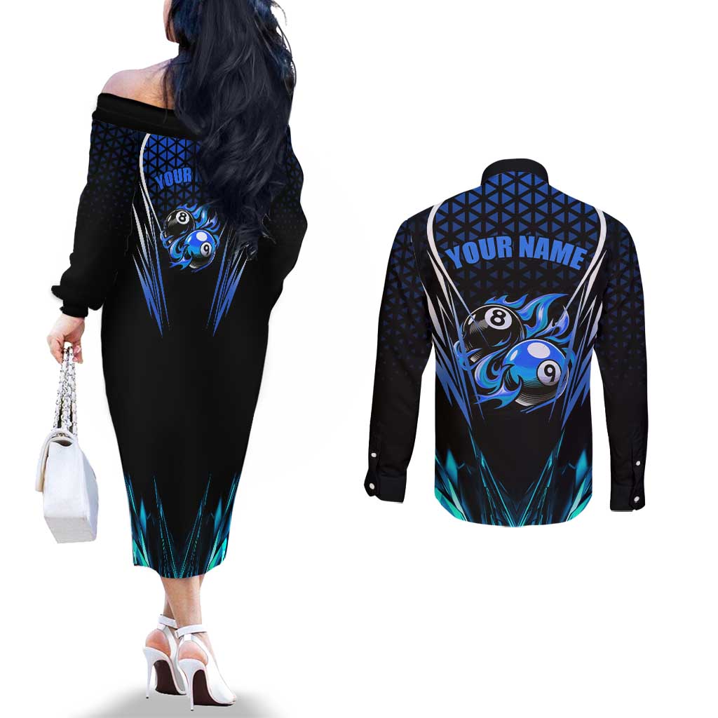 Billiards Design Couples Matching Off The Shoulder Long Sleeve Dress and Long Sleeve Button Shirt with Blue Flame Eight Ball and Lightning Pattern in Black Cyan Gradient Background - Wonder Print Shop