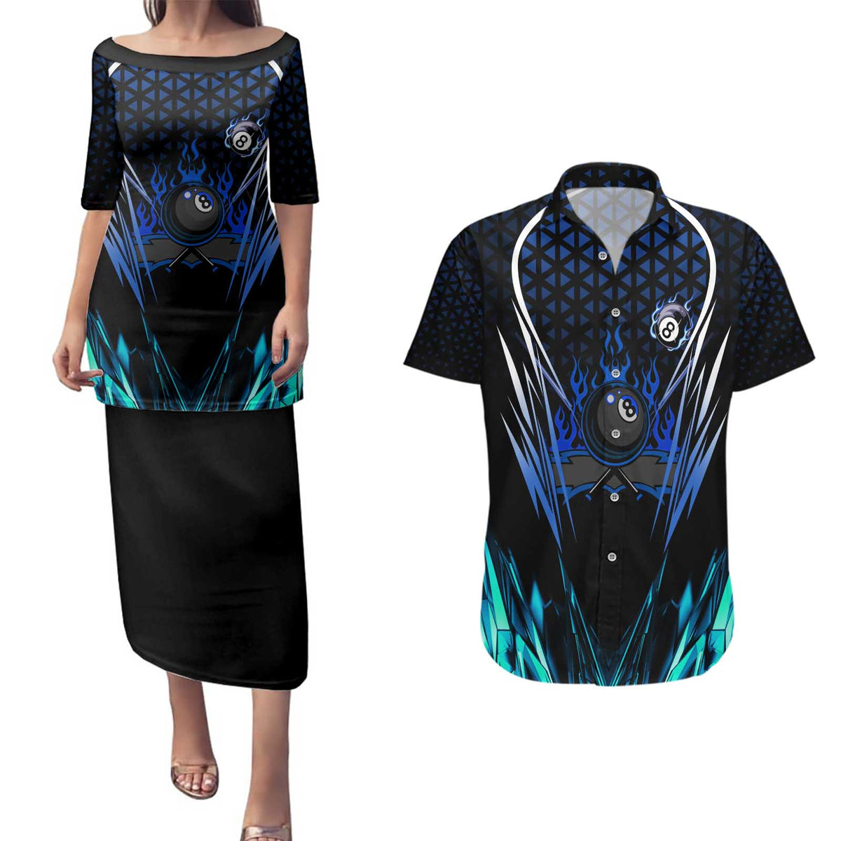 Billiards Design Couples Matching Puletasi and Hawaiian Shirt with Blue Flame Eight Ball and Lightning Pattern in Black Cyan Gradient Background - Wonder Print Shop