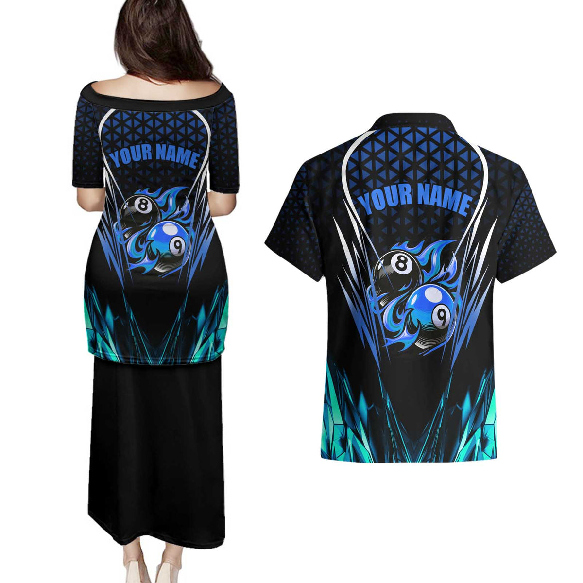 Billiards Design Couples Matching Puletasi and Hawaiian Shirt with Blue Flame Eight Ball and Lightning Pattern in Black Cyan Gradient Background - Wonder Print Shop