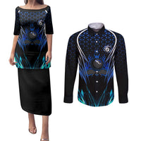 Billiards Design Couples Matching Puletasi and Long Sleeve Button Shirt with Blue Flame Eight Ball and Lightning Pattern in Black Cyan Gradient Background - Wonder Print Shop