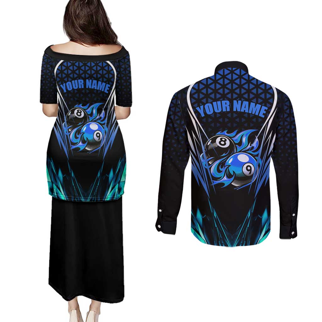 Billiards Design Couples Matching Puletasi and Long Sleeve Button Shirt with Blue Flame Eight Ball and Lightning Pattern in Black Cyan Gradient Background - Wonder Print Shop