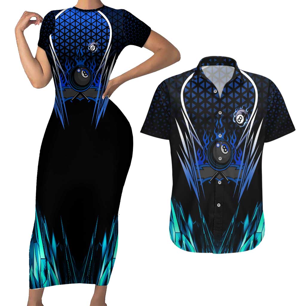 Billiards Design Couples Matching Short Sleeve Bodycon Dress and Hawaiian Shirt with Blue Flame Eight Ball and Lightning Pattern in Black Cyan Gradient Background - Wonder Print Shop