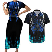 Billiards Design Couples Matching Short Sleeve Bodycon Dress and Hawaiian Shirt with Blue Flame Eight Ball and Lightning Pattern in Black Cyan Gradient Background - Wonder Print Shop