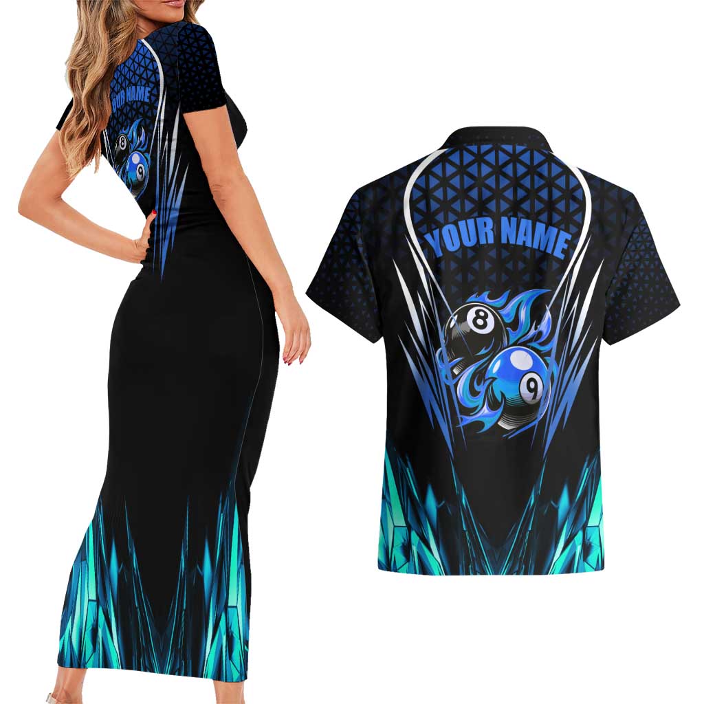 Billiards Design Couples Matching Short Sleeve Bodycon Dress and Hawaiian Shirt with Blue Flame Eight Ball and Lightning Pattern in Black Cyan Gradient Background - Wonder Print Shop