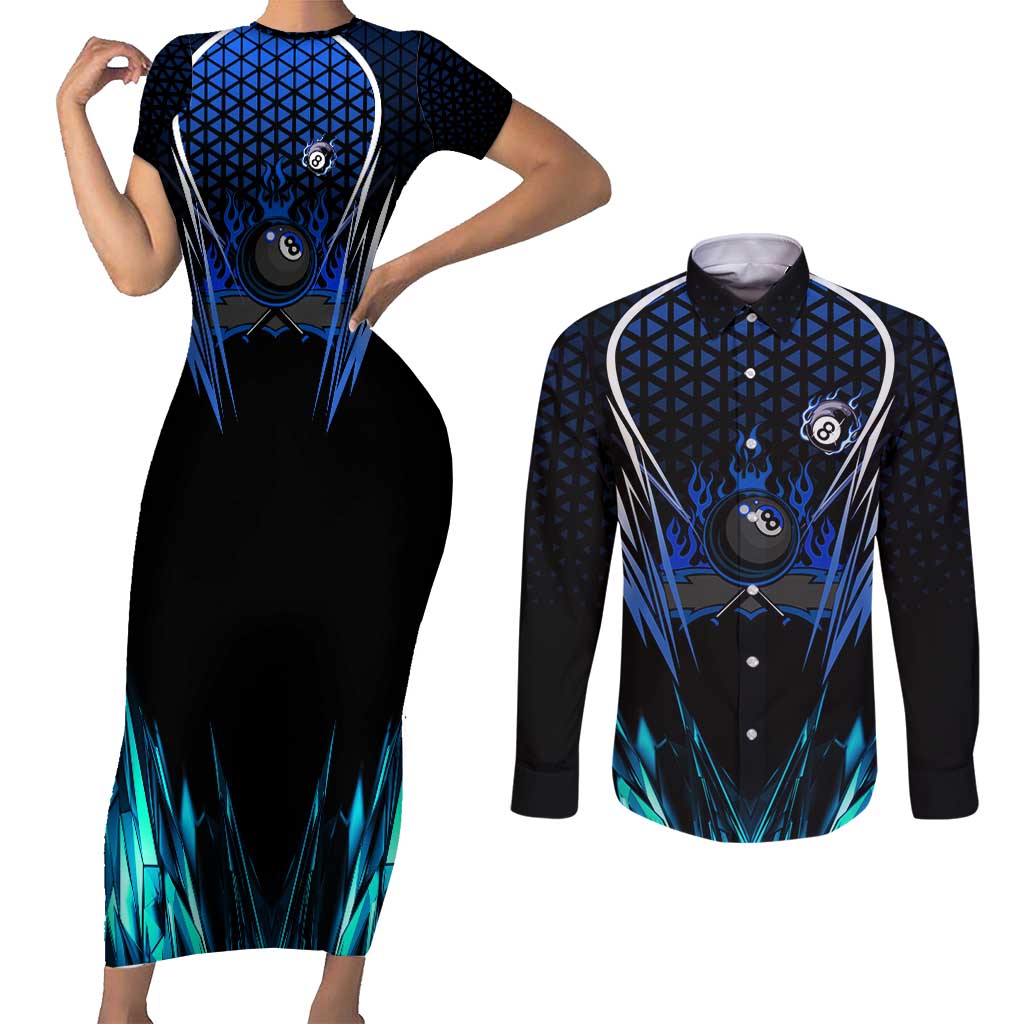 Billiards Design Couples Matching Short Sleeve Bodycon Dress and Long Sleeve Button Shirt with Blue Flame Eight Ball and Lightning Pattern in Black Cyan Gradient Background - Wonder Print Shop