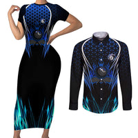 Billiards Design Couples Matching Short Sleeve Bodycon Dress and Long Sleeve Button Shirt with Blue Flame Eight Ball and Lightning Pattern in Black Cyan Gradient Background - Wonder Print Shop