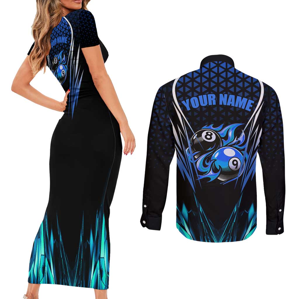 Billiards Design Couples Matching Short Sleeve Bodycon Dress and Long Sleeve Button Shirt with Blue Flame Eight Ball and Lightning Pattern in Black Cyan Gradient Background - Wonder Print Shop