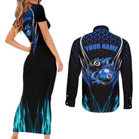 Billiards Design Couples Matching Short Sleeve Bodycon Dress and Long Sleeve Button Shirt with Blue Flame Eight Ball and Lightning Pattern in Black Cyan Gradient Background - Wonder Print Shop