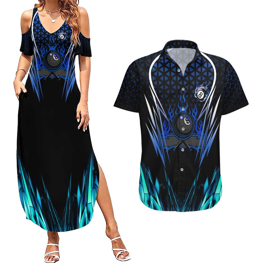 Billiards Design Couples Matching Summer Maxi Dress and Hawaiian Shirt with Blue Flame Eight Ball and Lightning Pattern in Black Cyan Gradient Background - Wonder Print Shop