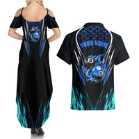 Billiards Design Couples Matching Summer Maxi Dress and Hawaiian Shirt with Blue Flame Eight Ball and Lightning Pattern in Black Cyan Gradient Background - Wonder Print Shop