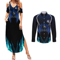 Billiards Design Couples Matching Summer Maxi Dress and Long Sleeve Button Shirt with Blue Flame Eight Ball and Lightning Pattern in Black Cyan Gradient Background - Wonder Print Shop