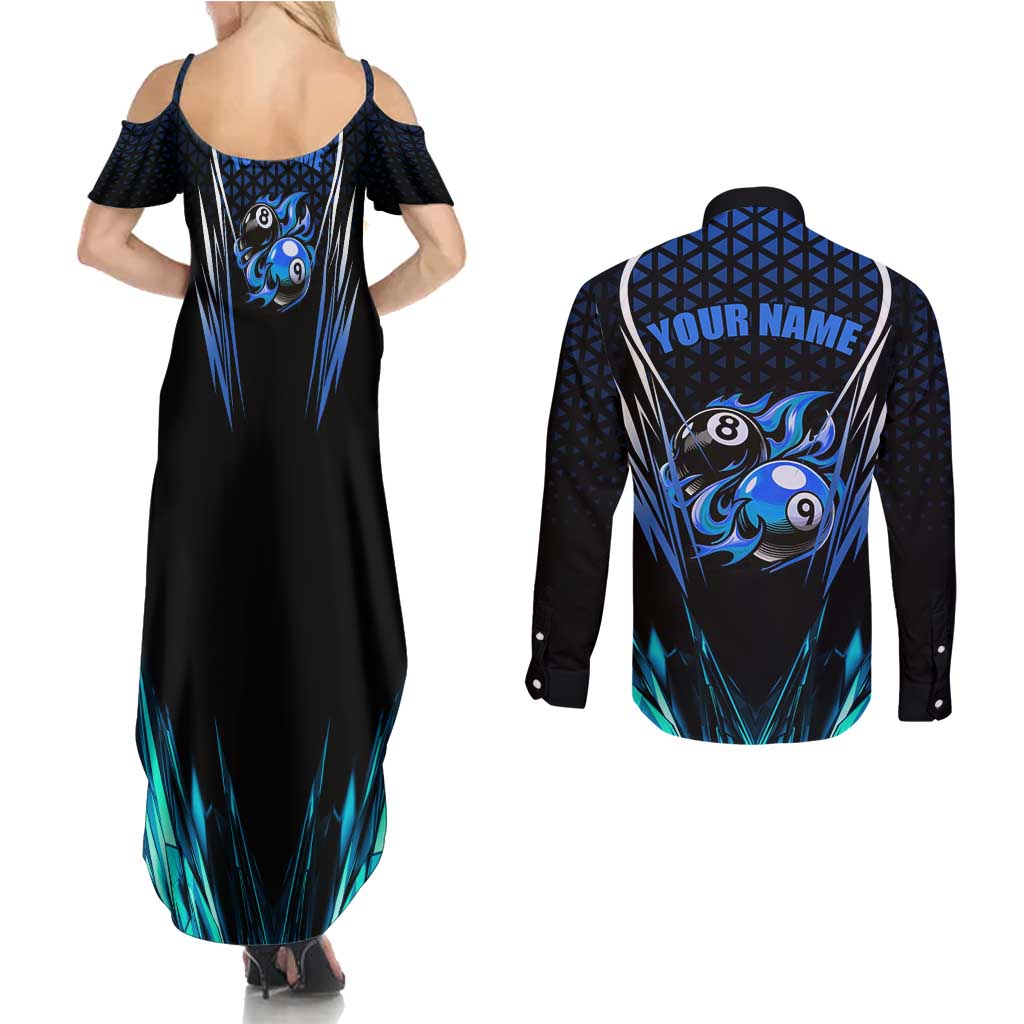 Billiards Design Couples Matching Summer Maxi Dress and Long Sleeve Button Shirt with Blue Flame Eight Ball and Lightning Pattern in Black Cyan Gradient Background - Wonder Print Shop