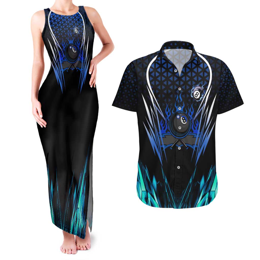 Billiards Design Couples Matching Tank Maxi Dress and Hawaiian Shirt with Blue Flame Eight Ball and Lightning Pattern in Black Cyan Gradient Background - Wonder Print Shop