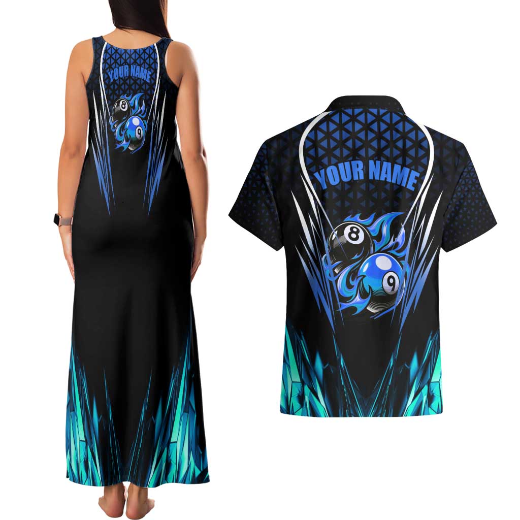 Billiards Design Couples Matching Tank Maxi Dress and Hawaiian Shirt with Blue Flame Eight Ball and Lightning Pattern in Black Cyan Gradient Background - Wonder Print Shop