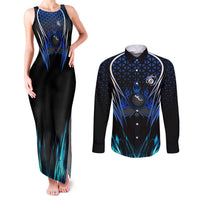 Billiards Design Couples Matching Tank Maxi Dress and Long Sleeve Button Shirt with Blue Flame Eight Ball and Lightning Pattern in Black Cyan Gradient Background - Wonder Print Shop
