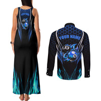 Billiards Design Couples Matching Tank Maxi Dress and Long Sleeve Button Shirt with Blue Flame Eight Ball and Lightning Pattern in Black Cyan Gradient Background - Wonder Print Shop