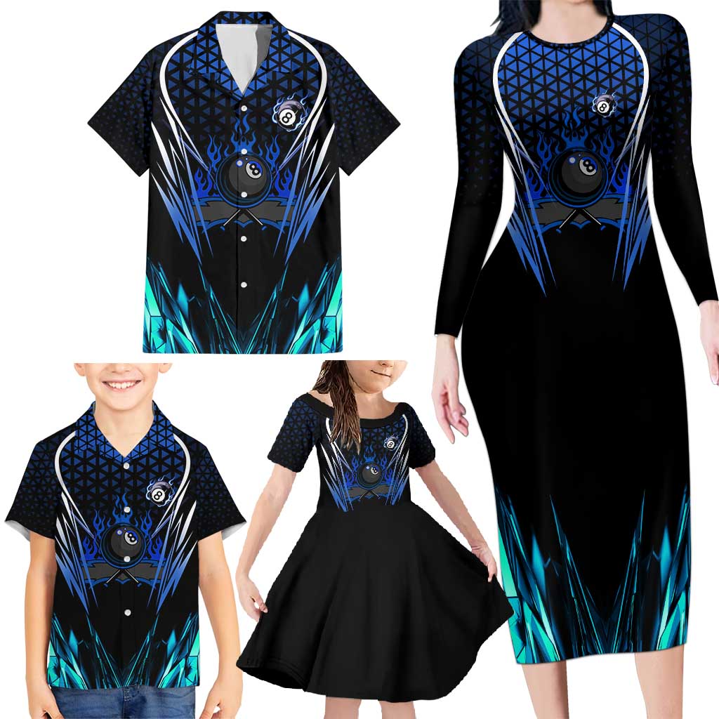 Billiards Design Family Matching Long Sleeve Bodycon Dress and Hawaiian Shirt with Blue Flame Eight Ball and Lightning Pattern in Black Cyan Gradient Background - Wonder Print Shop