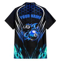 Billiards Design Family Matching Long Sleeve Bodycon Dress and Hawaiian Shirt with Blue Flame Eight Ball and Lightning Pattern in Black Cyan Gradient Background - Wonder Print Shop