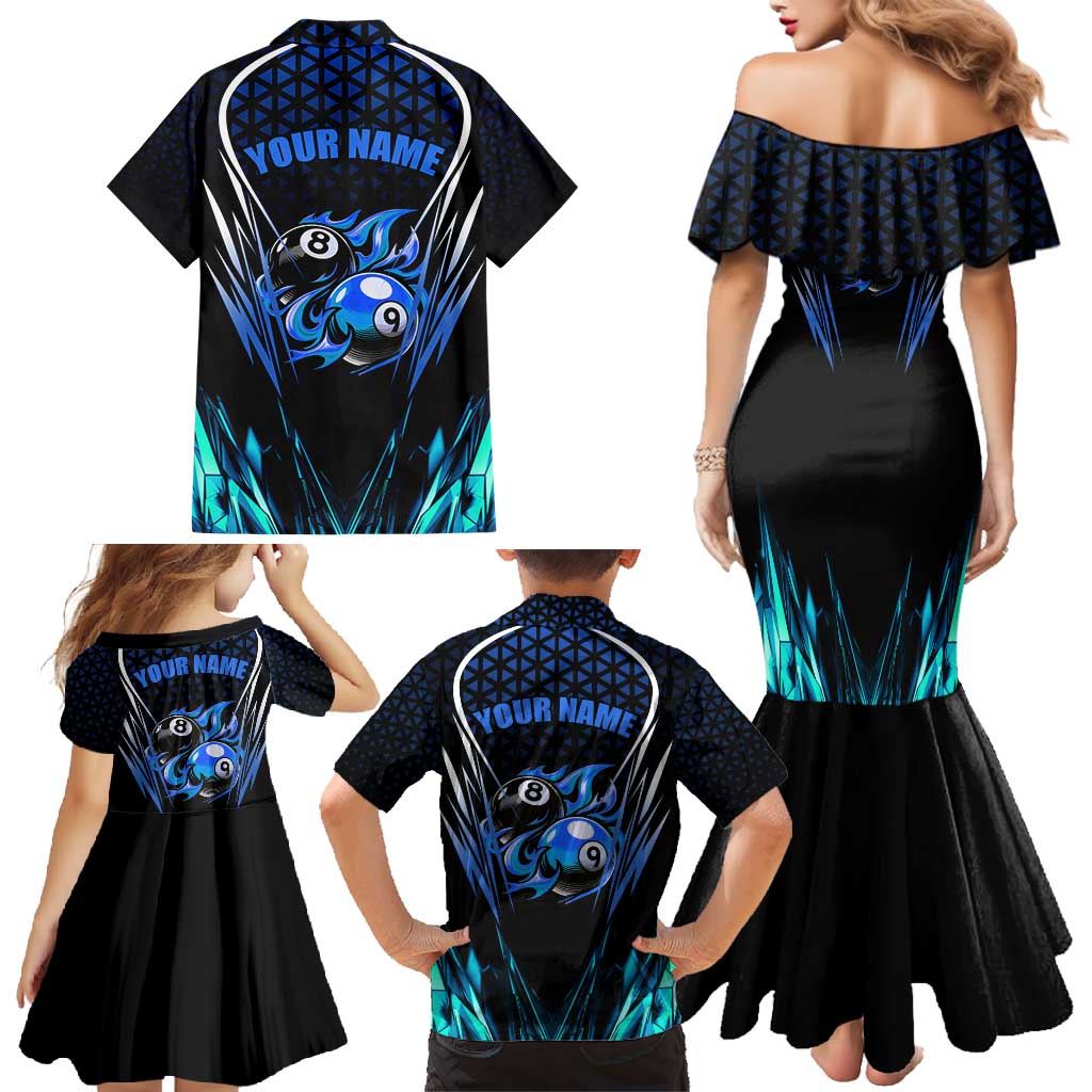 Billiards Design Family Matching Mermaid Dress and Hawaiian Shirt with Blue Flame Eight Ball and Lightning Pattern in Black Cyan Gradient Background - Wonder Print Shop