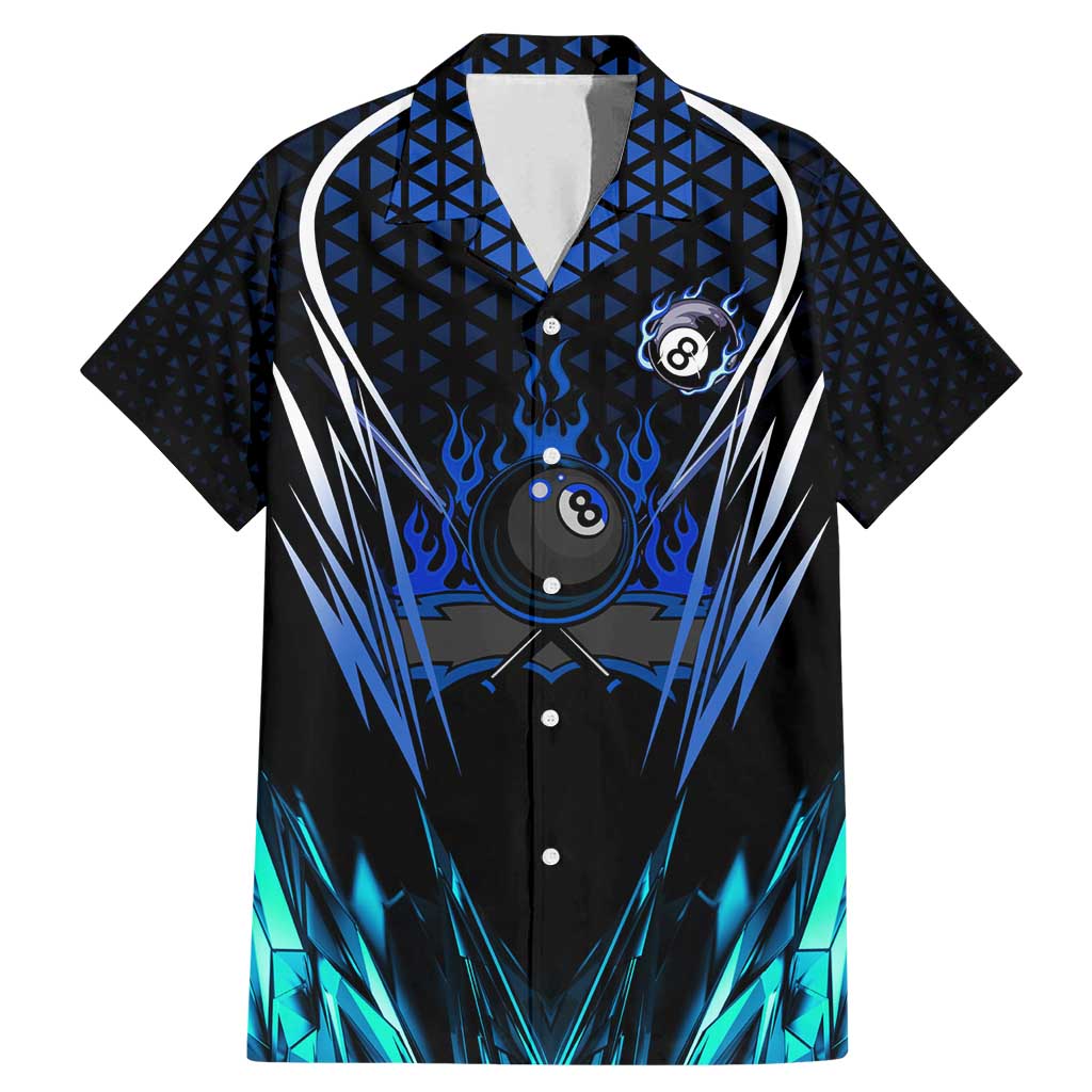Billiards Design Family Matching Mermaid Dress and Hawaiian Shirt with Blue Flame Eight Ball and Lightning Pattern in Black Cyan Gradient Background - Wonder Print Shop