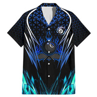 Billiards Design Family Matching Mermaid Dress and Hawaiian Shirt with Blue Flame Eight Ball and Lightning Pattern in Black Cyan Gradient Background - Wonder Print Shop