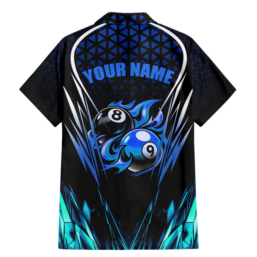 Billiards Design Family Matching Mermaid Dress and Hawaiian Shirt with Blue Flame Eight Ball and Lightning Pattern in Black Cyan Gradient Background - Wonder Print Shop