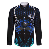 Billiards Design Family Matching Mermaid Dress and Hawaiian Shirt with Blue Flame Eight Ball and Lightning Pattern in Black Cyan Gradient Background - Wonder Print Shop