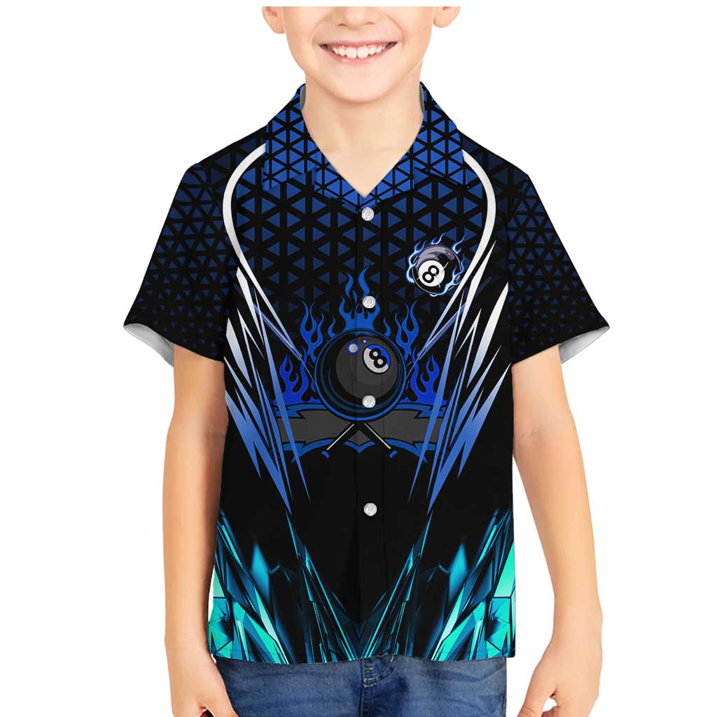 Billiards Design Family Matching Mermaid Dress and Hawaiian Shirt with Blue Flame Eight Ball and Lightning Pattern in Black Cyan Gradient Background - Wonder Print Shop