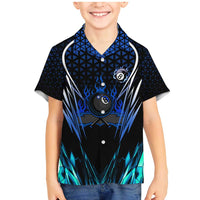 Billiards Design Family Matching Mermaid Dress and Hawaiian Shirt with Blue Flame Eight Ball and Lightning Pattern in Black Cyan Gradient Background - Wonder Print Shop