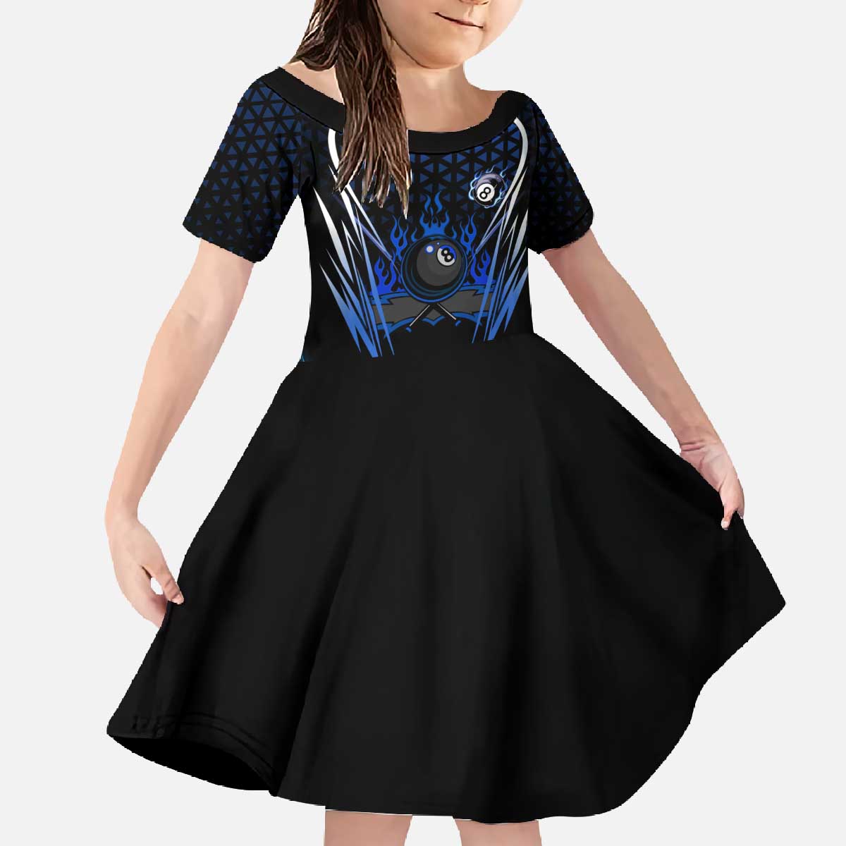 Billiards Design Family Matching Off The Shoulder Long Sleeve Dress and Hawaiian Shirt with Blue Flame Eight Ball and Lightning Pattern in Black Cyan Gradient Background - Wonder Print Shop