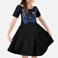 Billiards Design Family Matching Off The Shoulder Long Sleeve Dress and Hawaiian Shirt with Blue Flame Eight Ball and Lightning Pattern in Black Cyan Gradient Background - Wonder Print Shop