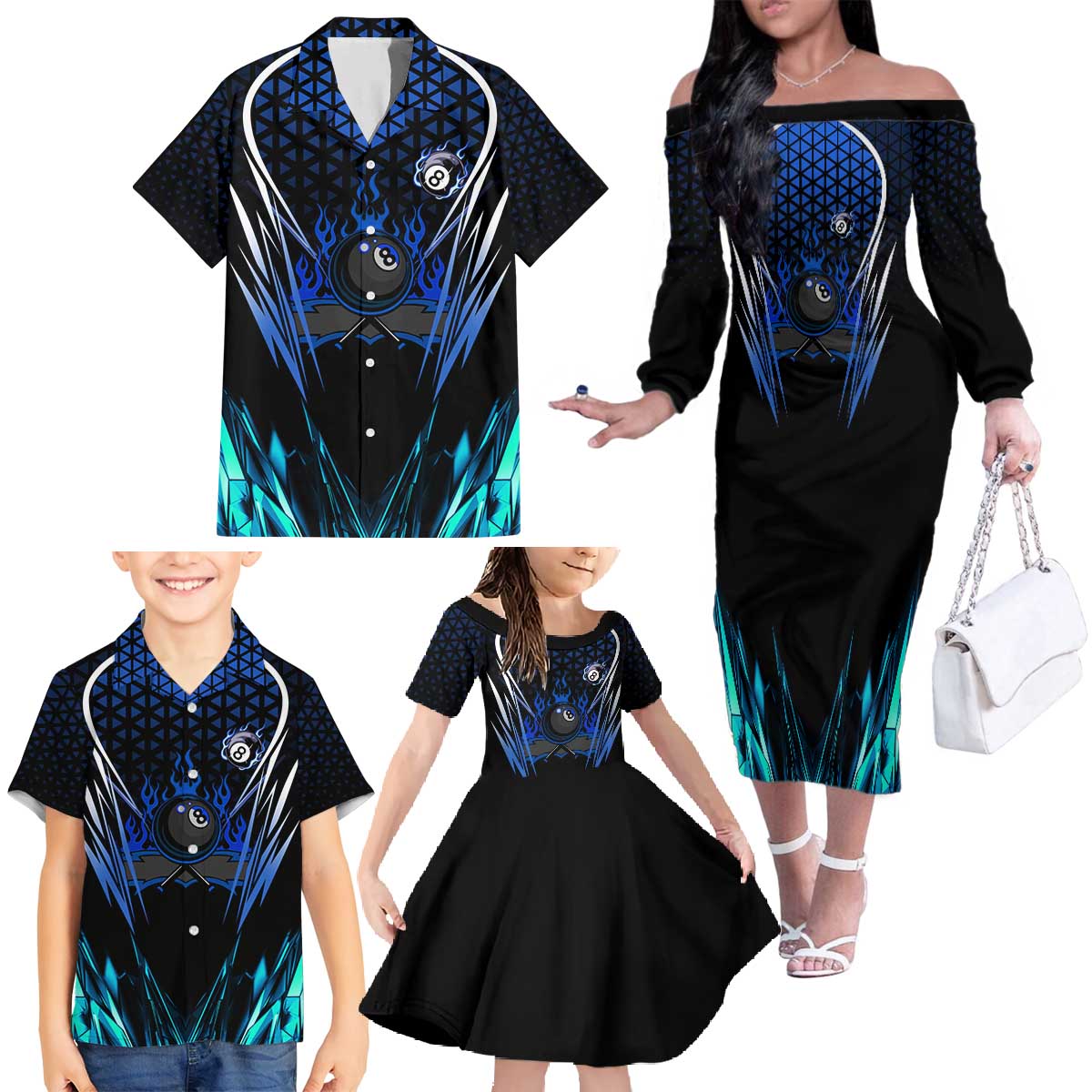 Billiards Design Family Matching Off The Shoulder Long Sleeve Dress and Hawaiian Shirt with Blue Flame Eight Ball and Lightning Pattern in Black Cyan Gradient Background - Wonder Print Shop
