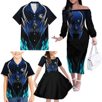 Billiards Design Family Matching Off The Shoulder Long Sleeve Dress and Hawaiian Shirt with Blue Flame Eight Ball and Lightning Pattern in Black Cyan Gradient Background - Wonder Print Shop