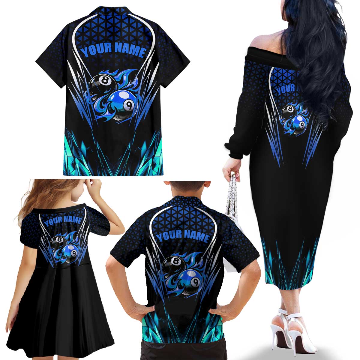 Billiards Design Family Matching Off The Shoulder Long Sleeve Dress and Hawaiian Shirt with Blue Flame Eight Ball and Lightning Pattern in Black Cyan Gradient Background - Wonder Print Shop