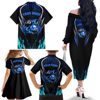 Billiards Design Family Matching Off The Shoulder Long Sleeve Dress and Hawaiian Shirt with Blue Flame Eight Ball and Lightning Pattern in Black Cyan Gradient Background - Wonder Print Shop