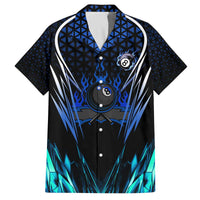 Billiards Design Family Matching Off The Shoulder Long Sleeve Dress and Hawaiian Shirt with Blue Flame Eight Ball and Lightning Pattern in Black Cyan Gradient Background - Wonder Print Shop
