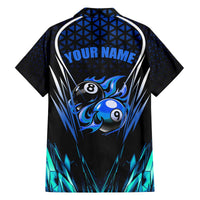 Billiards Design Family Matching Off The Shoulder Long Sleeve Dress and Hawaiian Shirt with Blue Flame Eight Ball and Lightning Pattern in Black Cyan Gradient Background - Wonder Print Shop