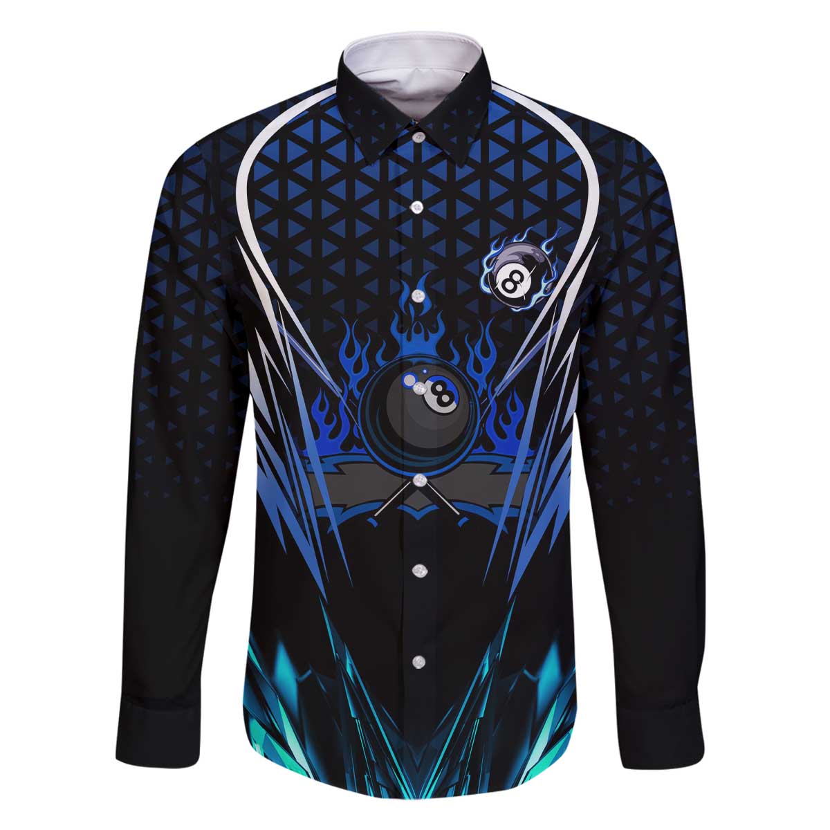 Billiards Design Family Matching Off The Shoulder Long Sleeve Dress and Hawaiian Shirt with Blue Flame Eight Ball and Lightning Pattern in Black Cyan Gradient Background - Wonder Print Shop