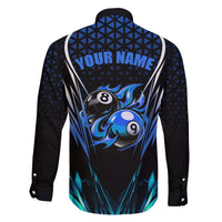 Billiards Design Family Matching Off The Shoulder Long Sleeve Dress and Hawaiian Shirt with Blue Flame Eight Ball and Lightning Pattern in Black Cyan Gradient Background - Wonder Print Shop
